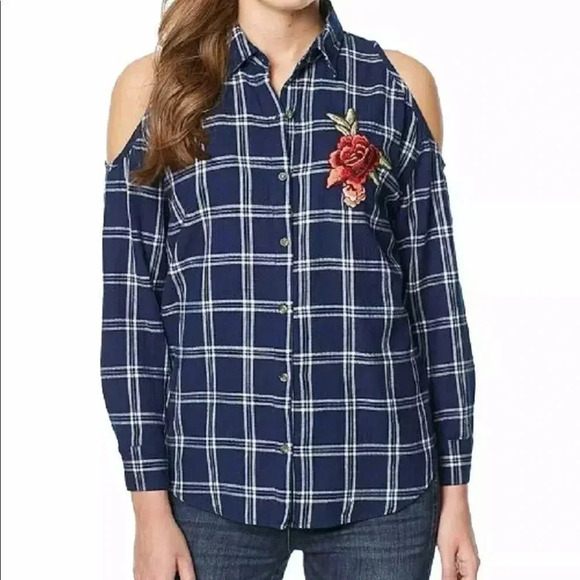 Buffalo plaid cold  shoulder botton down shirt. Sz Xs - Picture 1 of 11
